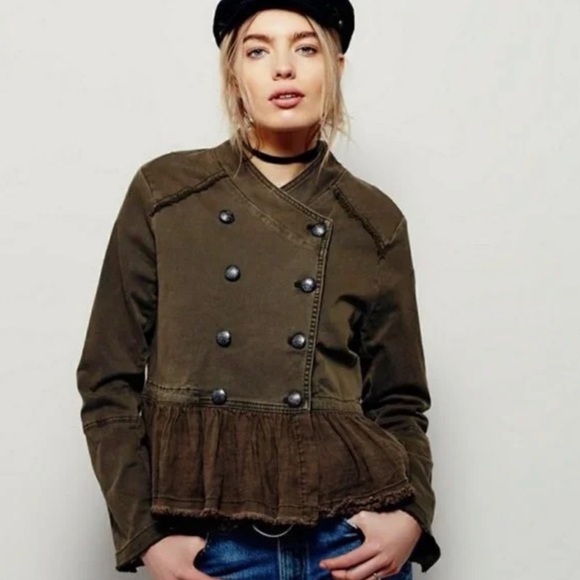 Free People Jackets & Blazers - Free People Military Ruffle Hem Distressed Green Jacket, Small